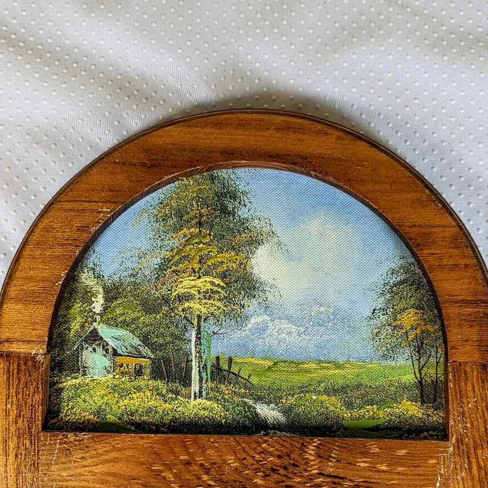 Vintage 80s Oil Painting On Mirror Oak Frame Bob Ross Style